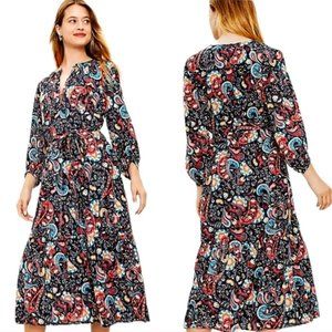 NWT, Loft shimmer paisley tie neck midi dress, small tall